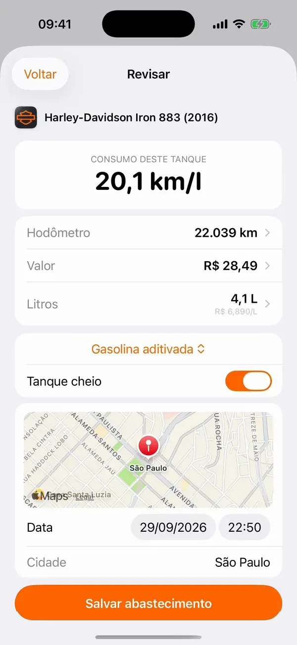 Fuel-up review: this tank's consumption of 20.1 km/l in large type, then odometer, value and litres, fuel type, a map pin and the date