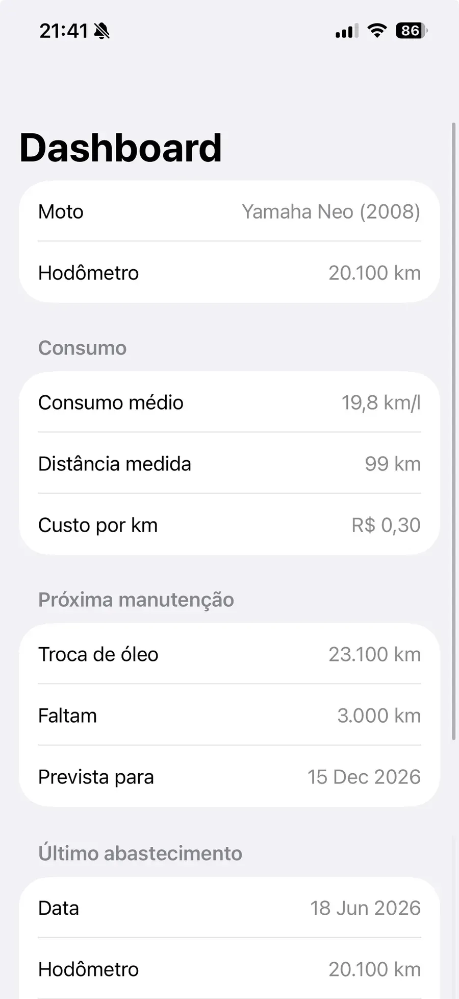 First version of the Summary screen: grouped lists of label and value rows, with average consumption as one grey row among twelve
