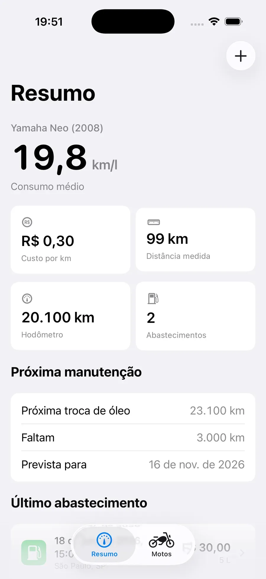 Third version of the Summary screen: a large 19.8 km/l figure under the bike name, then four stat tiles