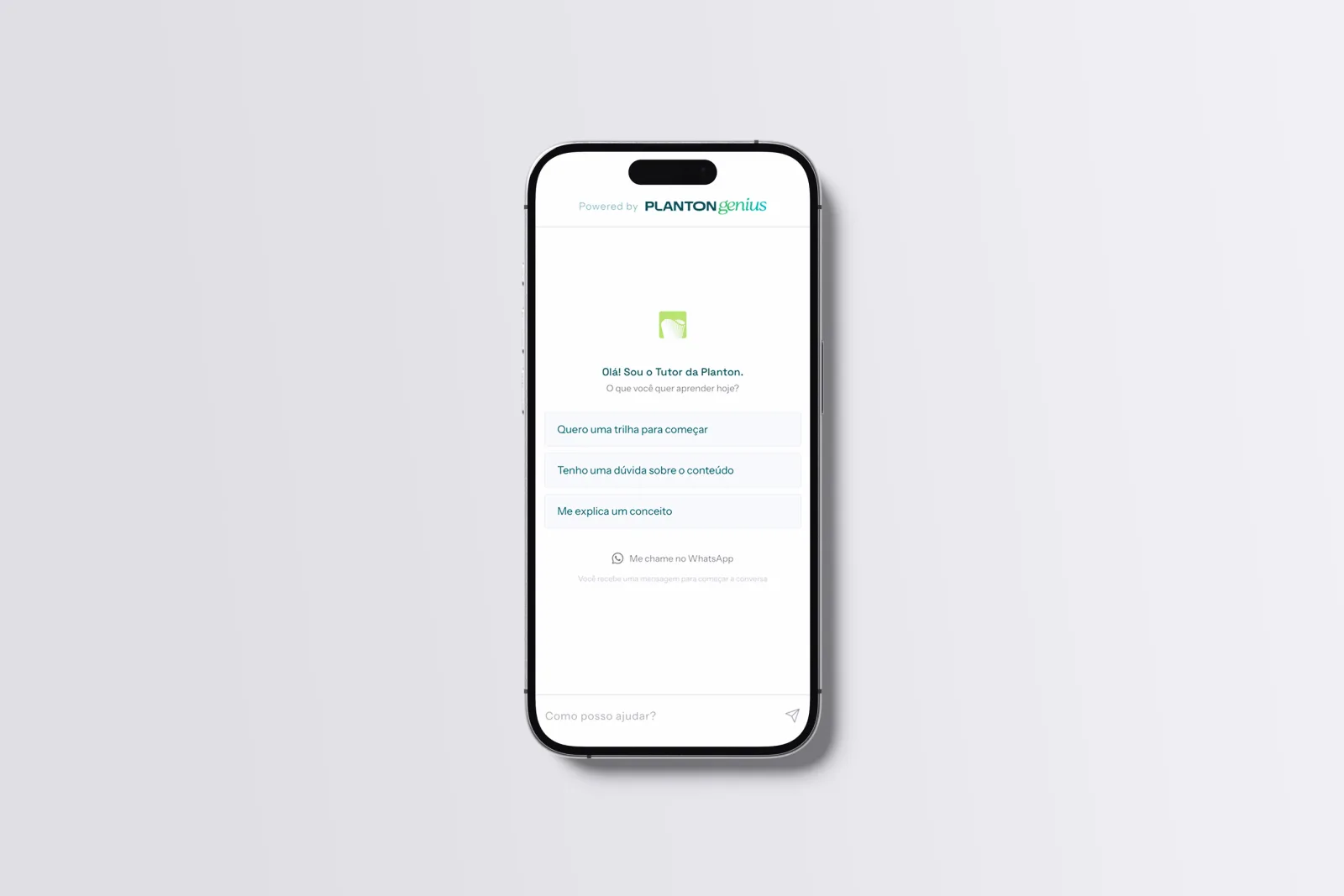Planton Academy AI tutor on mobile: welcome state with quick-start prompts and a WhatsApp handoff option