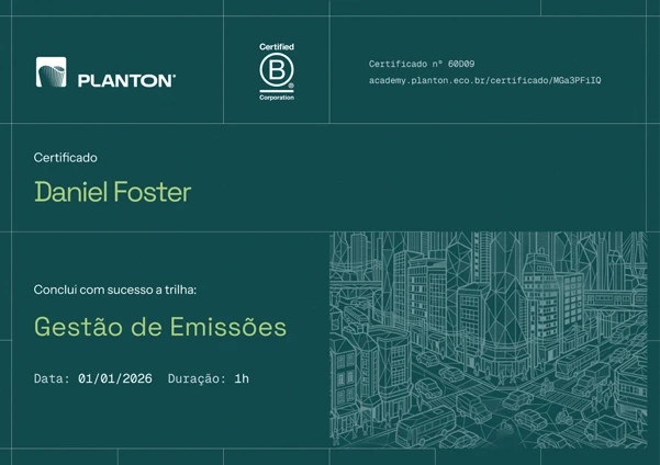 Planton Academy certificate: numbered credential with public verification URL, completed track name, and duration