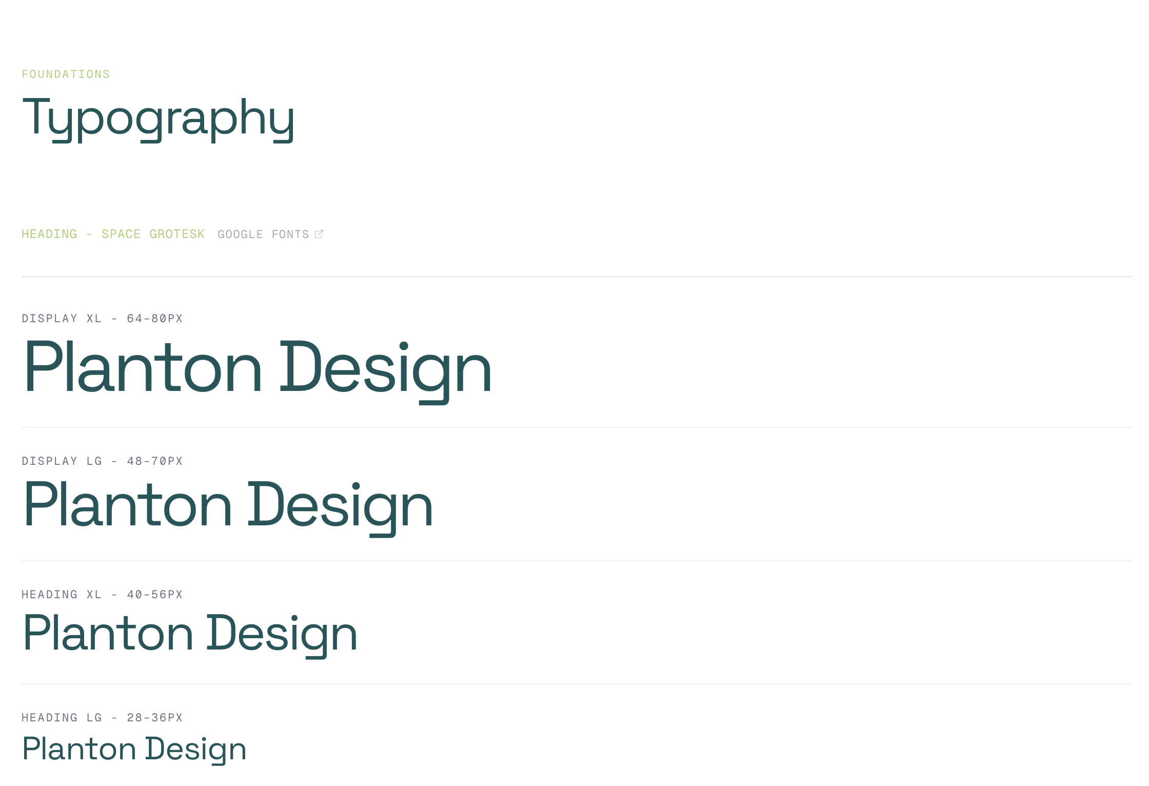 Planton UI typographic scale: Space Grotesk heading sizes from Display XL to Heading LG