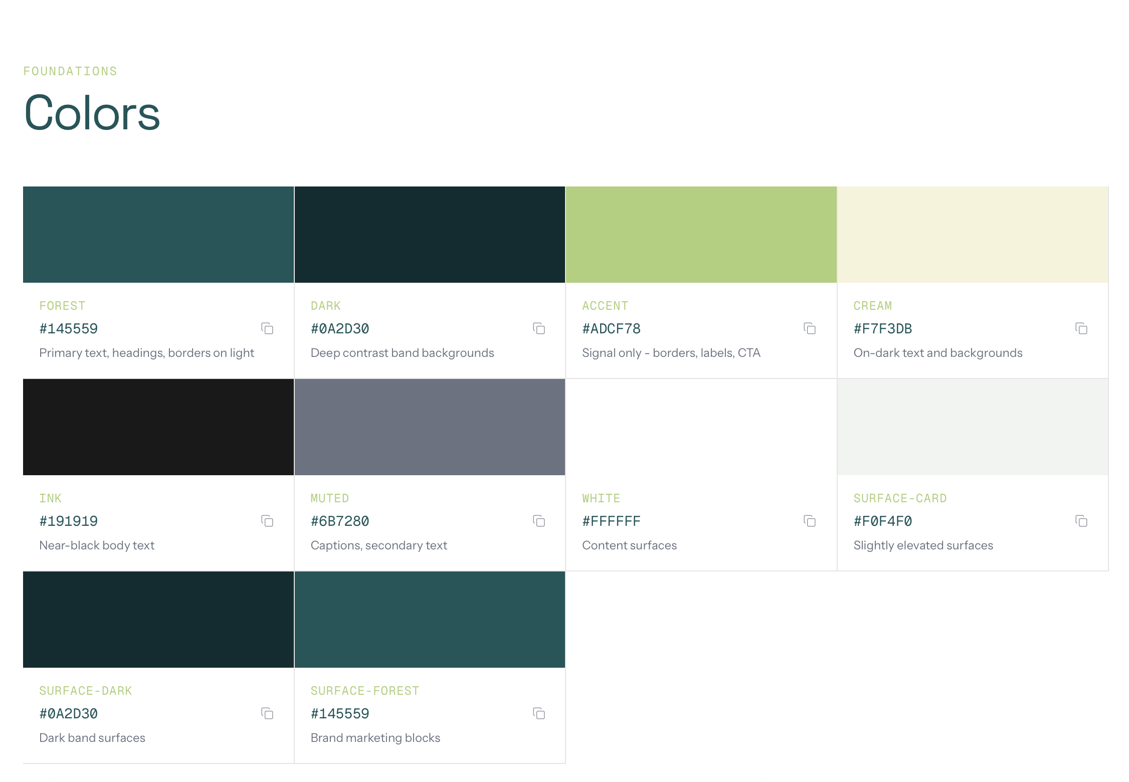 Planton UI color palette: forest teal, accent lime, cream, and semantic surface tokens