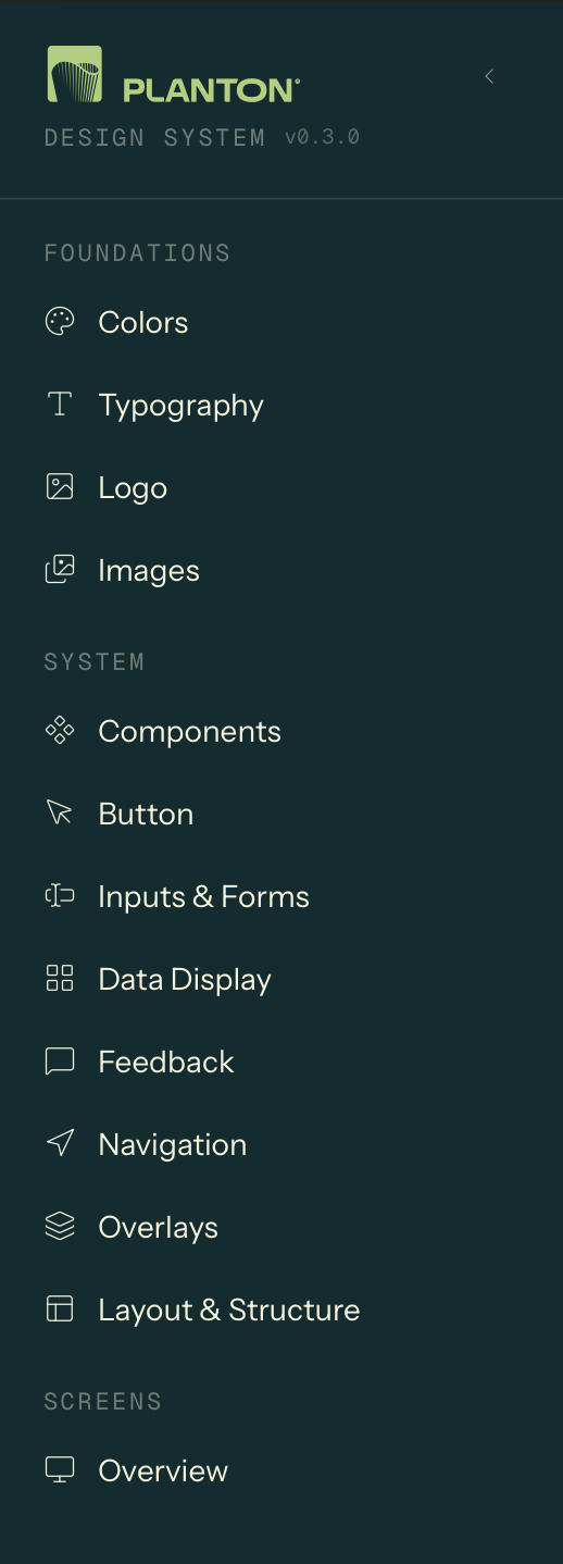 Planton UI design system sidebar: foundations, system components, and screens navigation